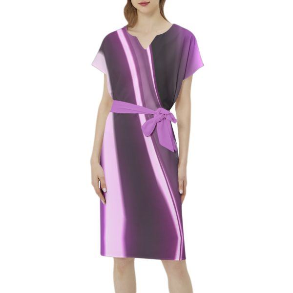 Batwing Sleeve Notch Neck Casual Dress with Belt